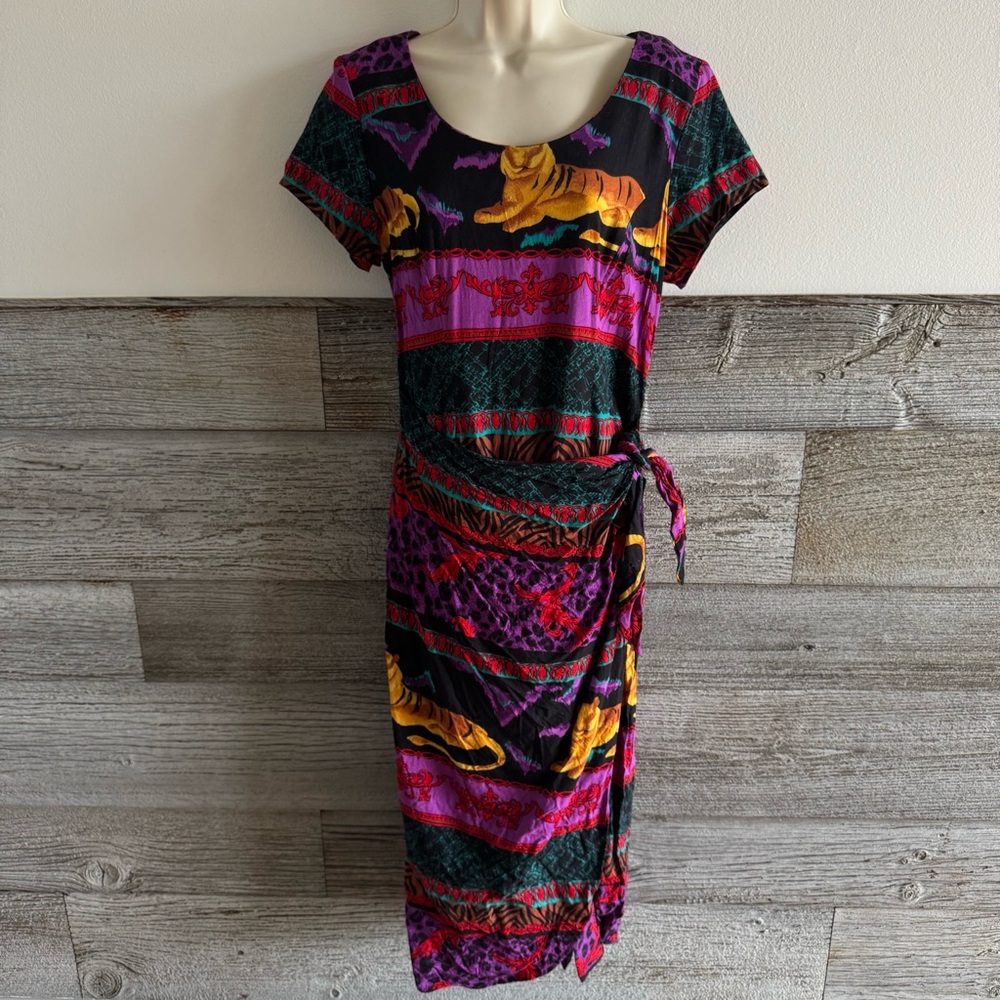 Vintage y2k Jessica Howard Faux Wrap Sarong Dress Tiger Safari Size 10